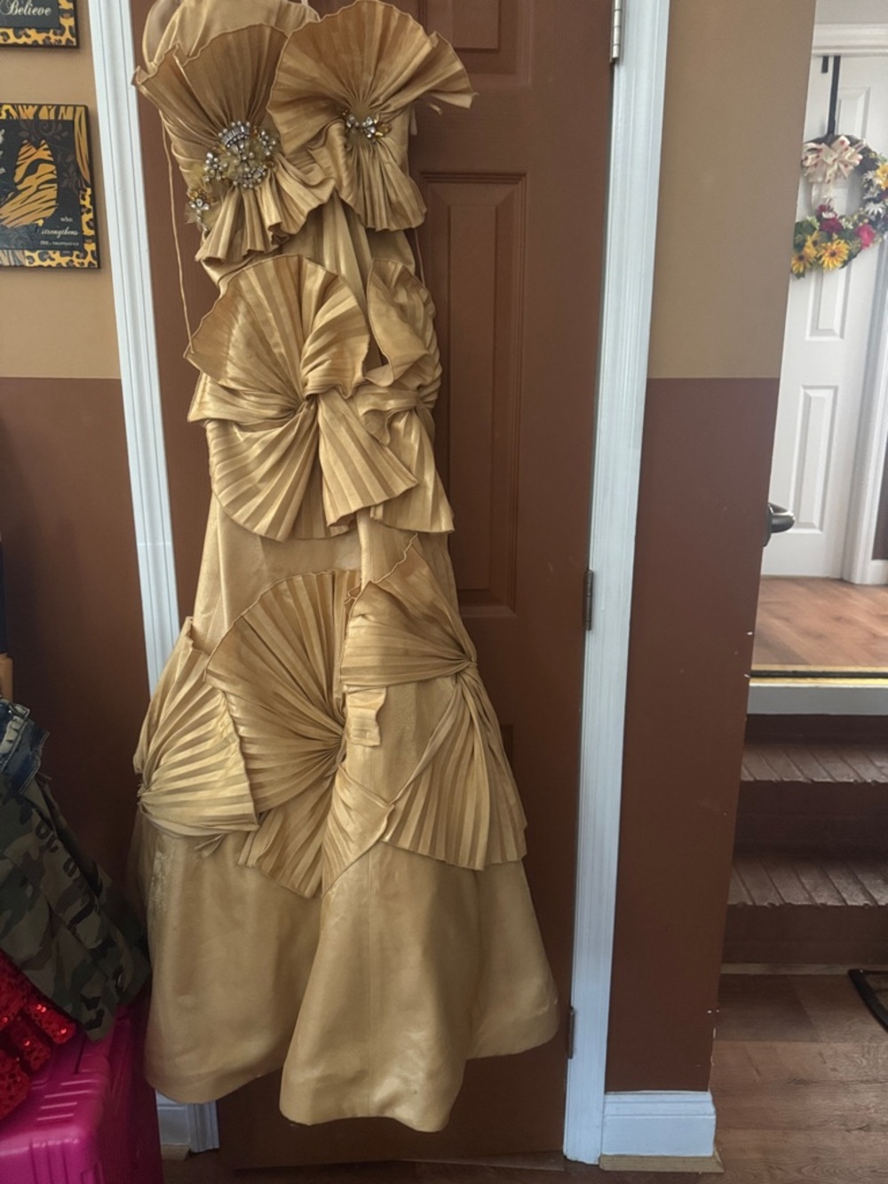 Gold Ruffled Pleated Floral Evening Gown